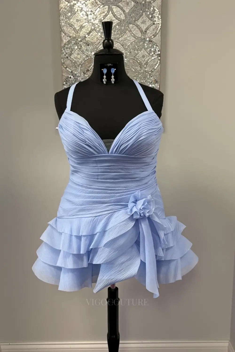 Light Blue Tiered Ruffle Homecoming Dress with Ruched Sweetheart Bodice, 3D Flower and Spaghetti Straps - H26016