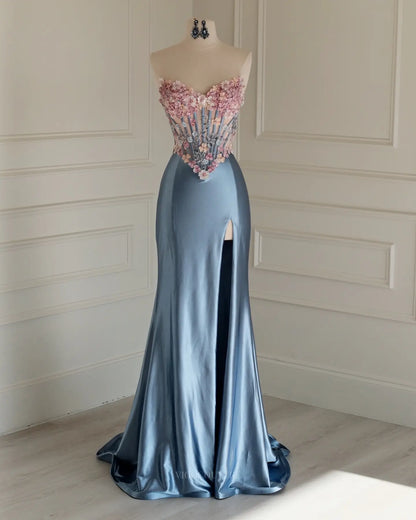 Pink Strapless 3D Floral Prom Dress with Sheer Sweetheart Corset and High Slit - P26010
