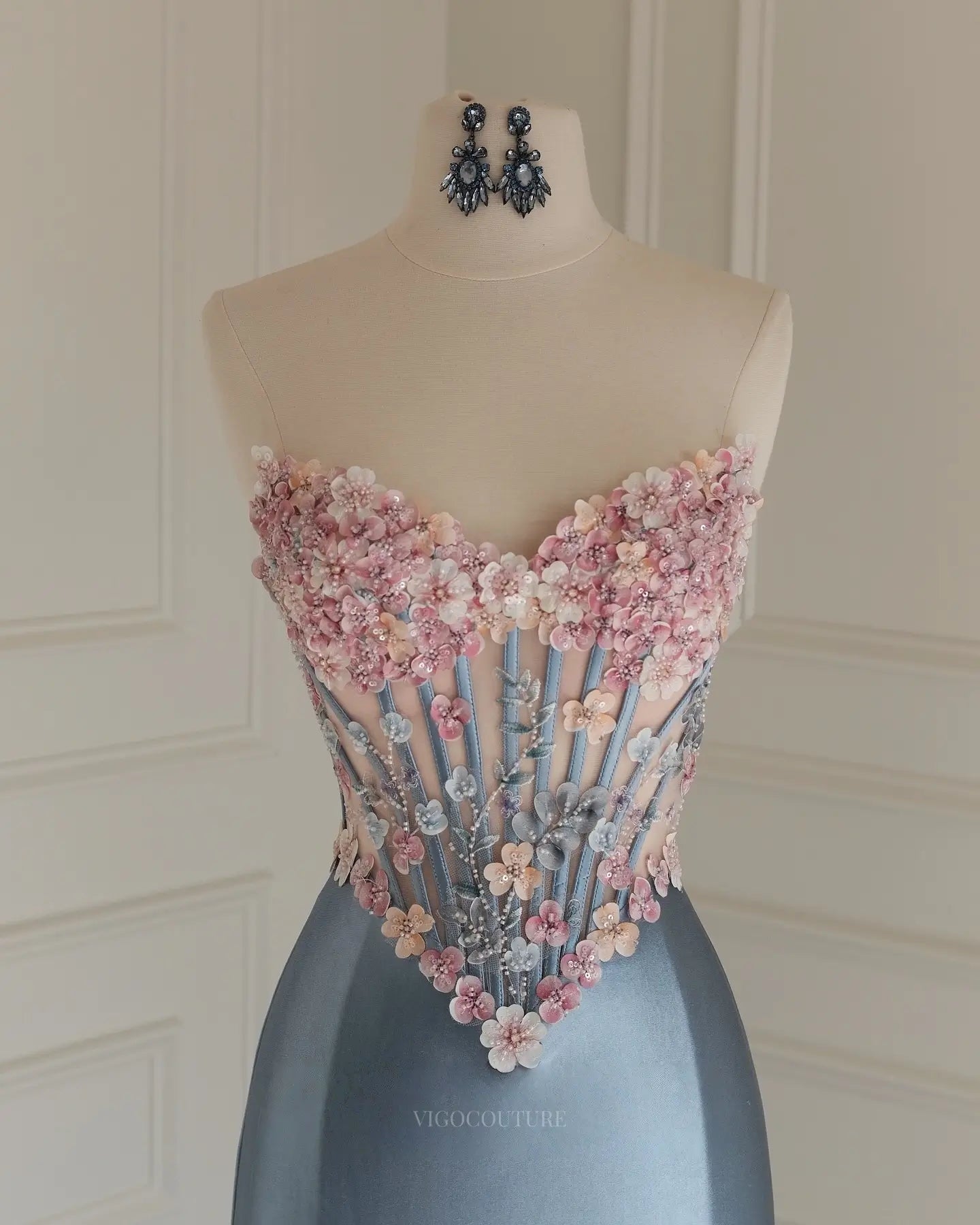 Pink Strapless 3D Floral Prom Dress with Sheer Sweetheart Corset and High Slit - P26010