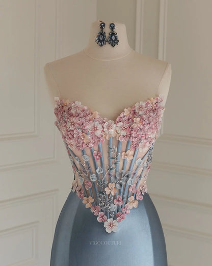 Pink Strapless 3D Floral Prom Dress with Sheer Sweetheart Corset and High Slit - P26010