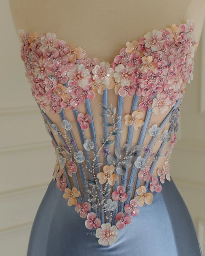 Pink Strapless 3D Floral Prom Dress with Sheer Sweetheart Corset and High Slit - P26010