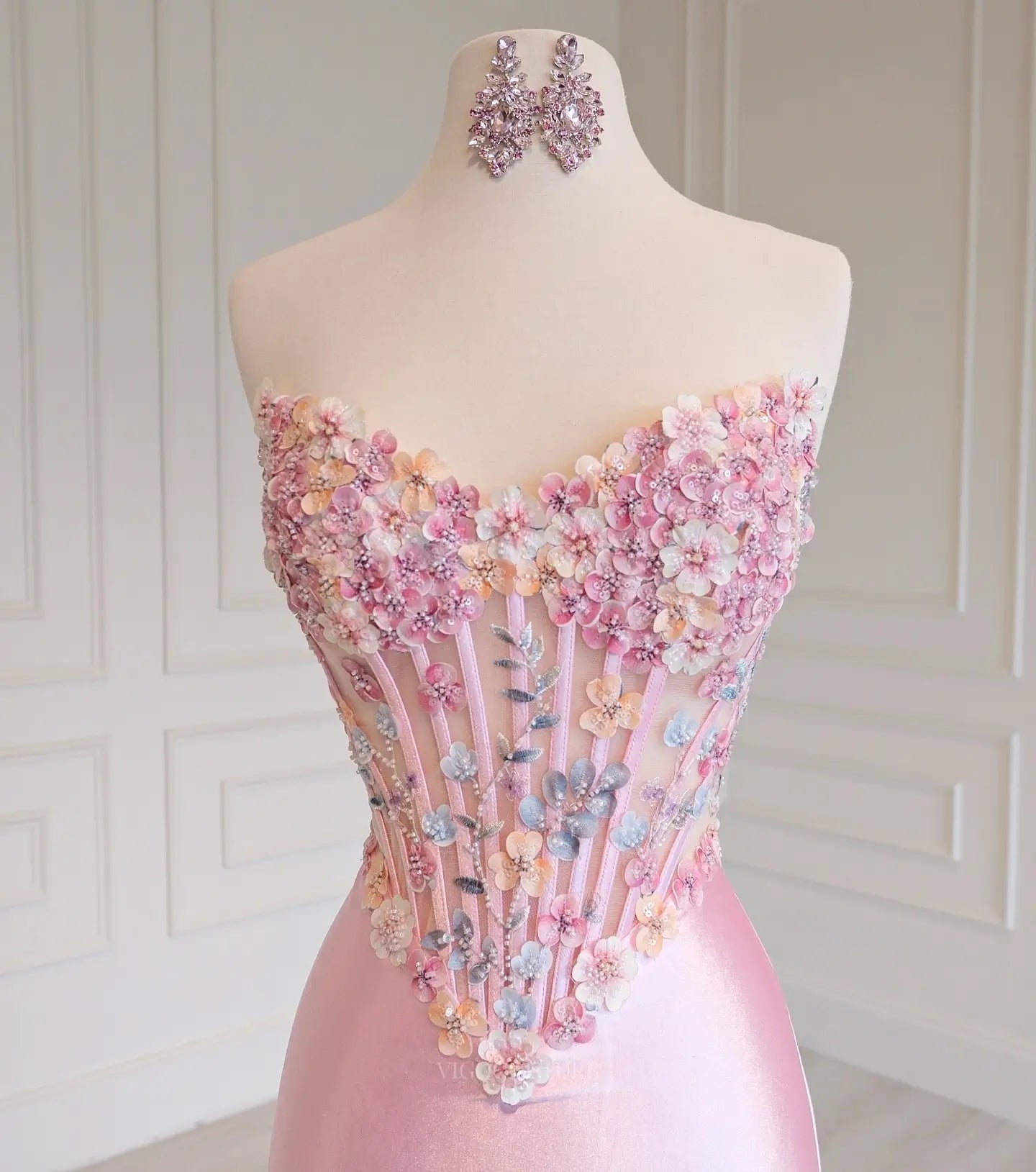 Pink Strapless 3D Floral Prom Dress with Sheer Sweetheart Corset and High Slit - P26010