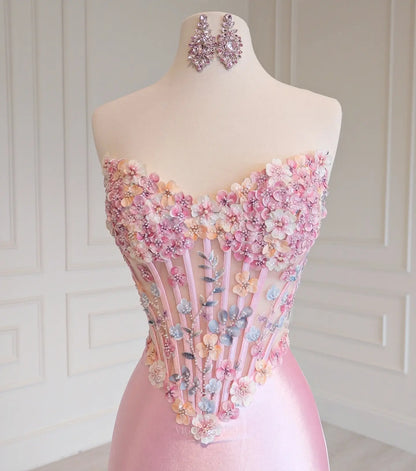 Pink Strapless 3D Floral Prom Dress with Sheer Sweetheart Corset and High Slit - P26010