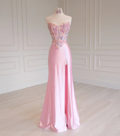 Pink Strapless 3D Floral Prom Dress with Sheer Sweetheart Corset and High Slit - P26010