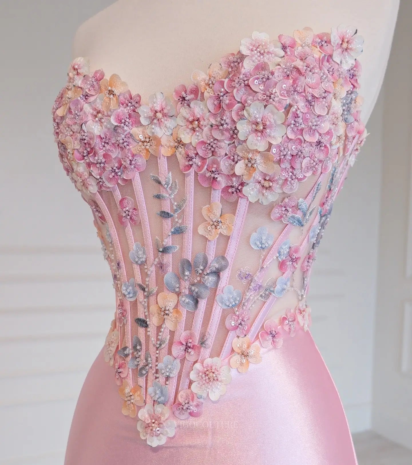 Pink Strapless 3D Floral Prom Dress with Sheer Sweetheart Corset and High Slit - P26010