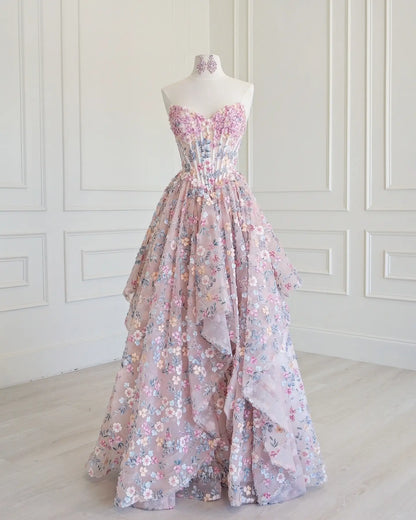 Pink 3D Floral Prom Ball Gown with Strapless Corset and Tiered Ruffle Skirt - P26011
