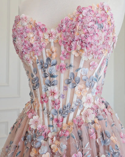 Pink 3D Floral Prom Ball Gown with Strapless Corset and Tiered Ruffle Skirt - P26011
