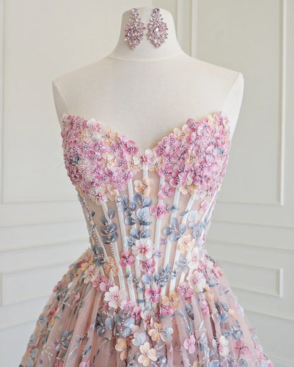 Pink 3D Floral Prom Ball Gown with Strapless Corset and Tiered Ruffle Skirt - P26011