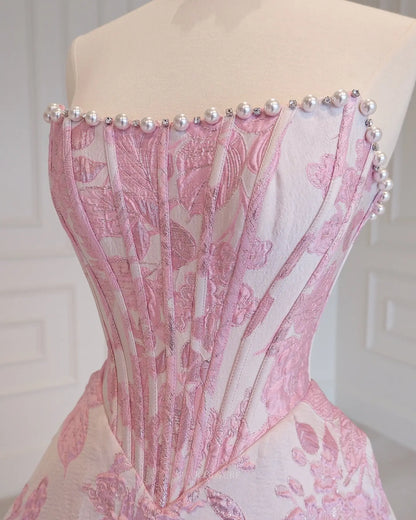 Pink Floral Jacquard Prom Ball Gown with Pearl-Trimmed Strapless Corset - P26012