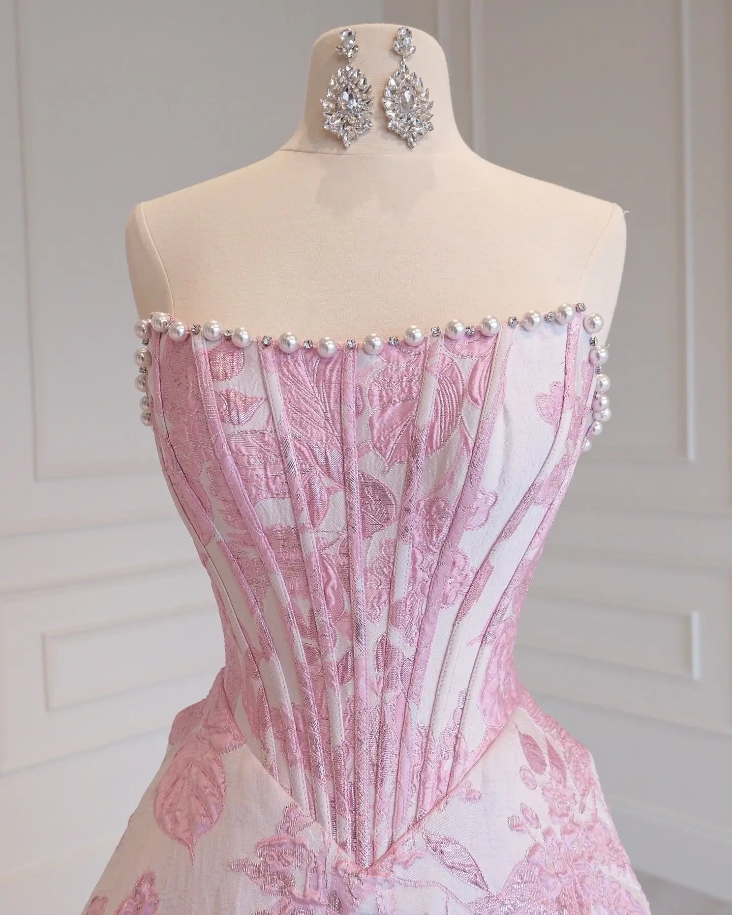 Pink Floral Jacquard Prom Ball Gown with Pearl-Trimmed Strapless Corset - P26012