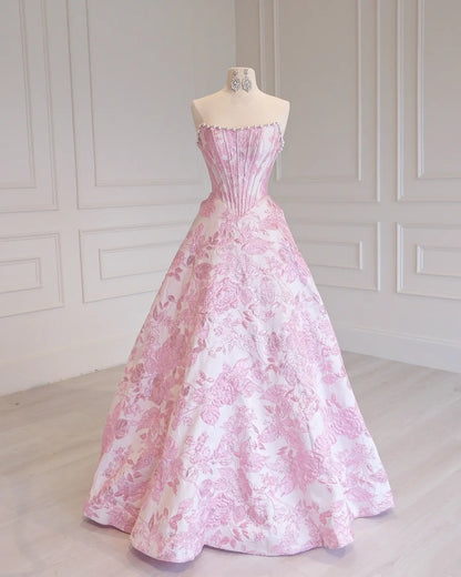 Pink Floral Jacquard Prom Ball Gown with Pearl-Trimmed Strapless Corset - P26012