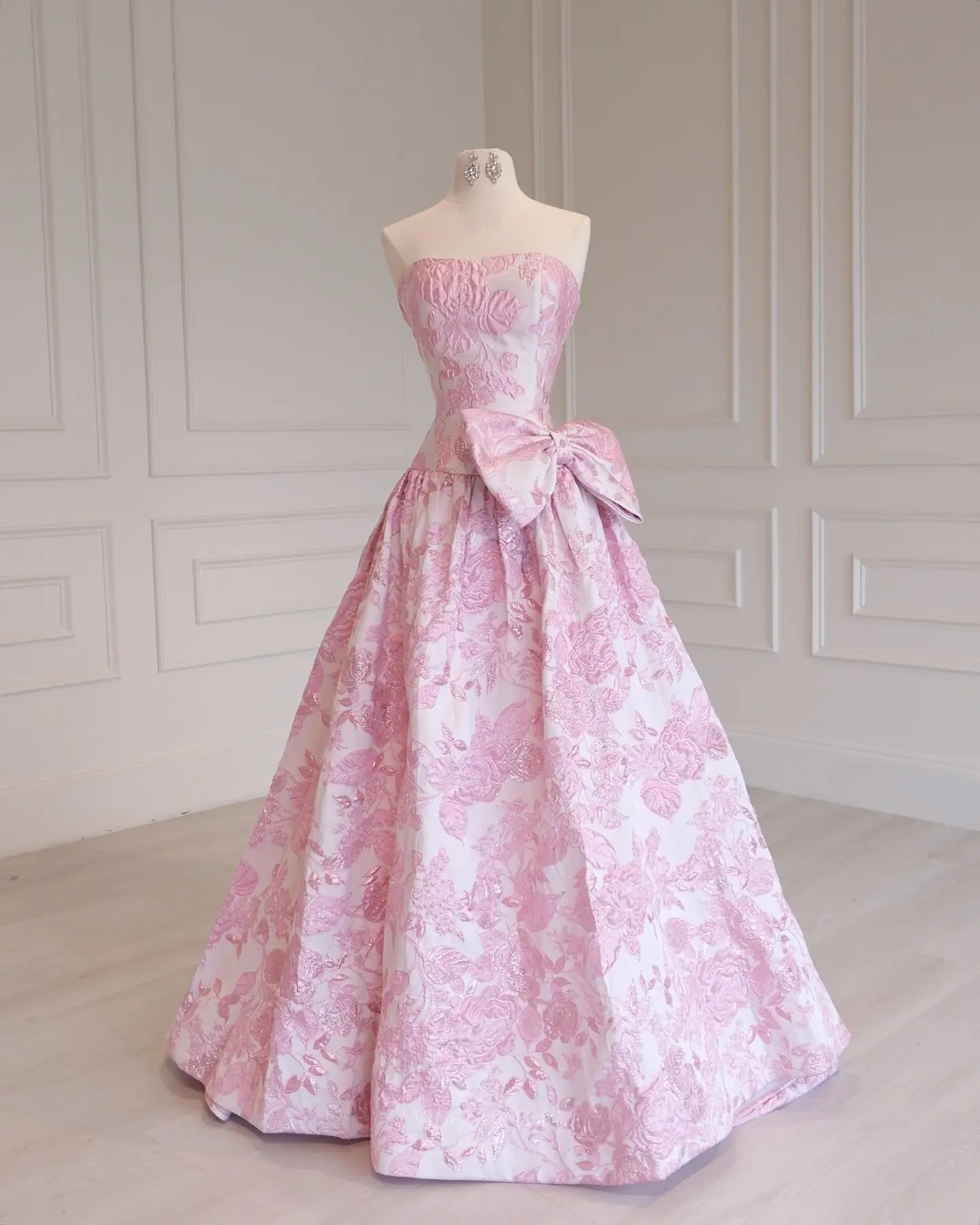 Pink Floral Jacquard Prom Ball Gown with Strapless Bodice and Oversized Side Bow - P26013