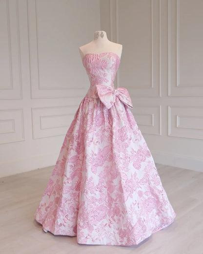 Pink Floral Jacquard Prom Ball Gown with Strapless Bodice and Oversized Side Bow - P26013