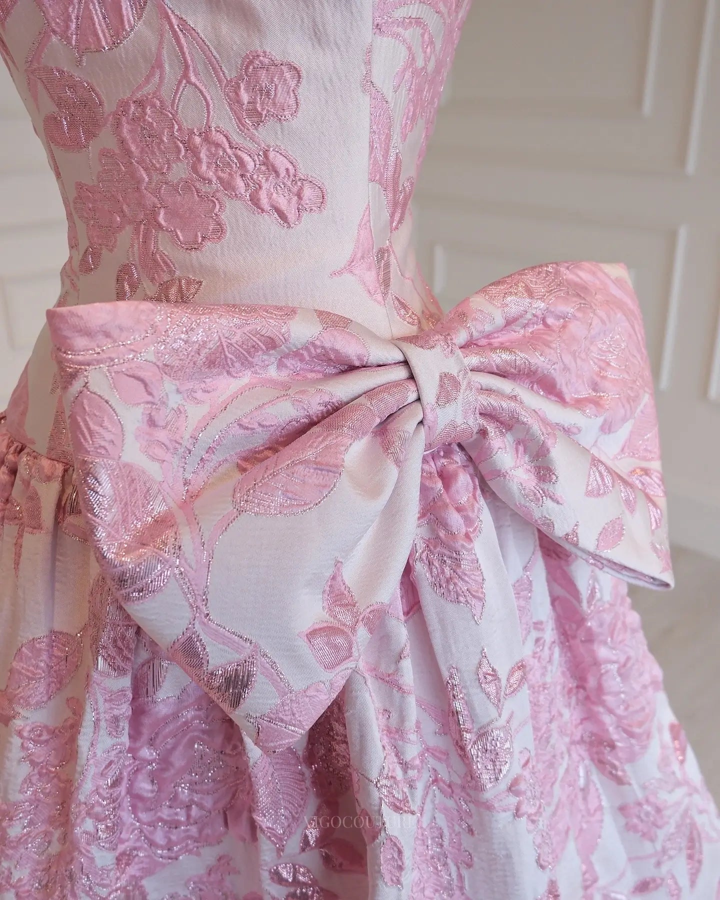 Pink Floral Jacquard Prom Ball Gown with Strapless Bodice and Oversized Side Bow - P26013