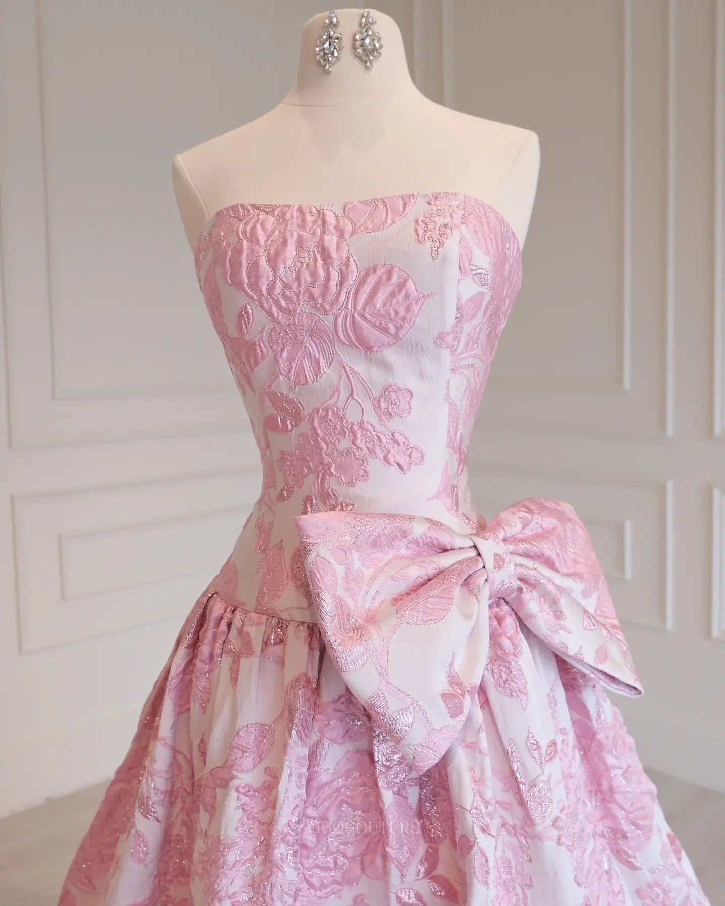 Pink Floral Jacquard Prom Ball Gown with Strapless Bodice and Oversized Side Bow - P26013