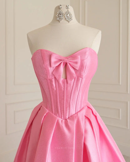 Pink Satin Prom Ball Gown with Sweetheart Bow-Front Corset and Keyhole - P26014