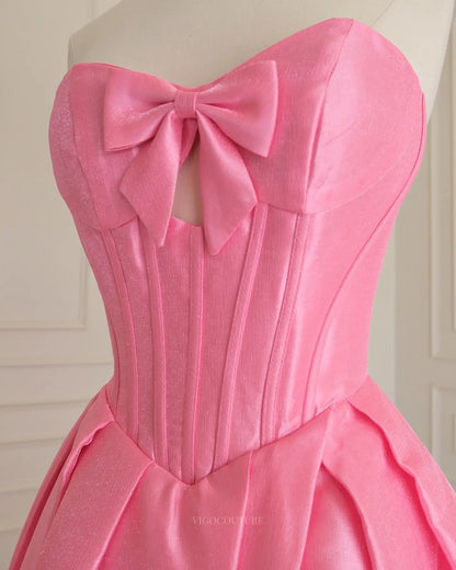 Pink Satin Prom Ball Gown with Sweetheart Bow-Front Corset and Keyhole - P26014