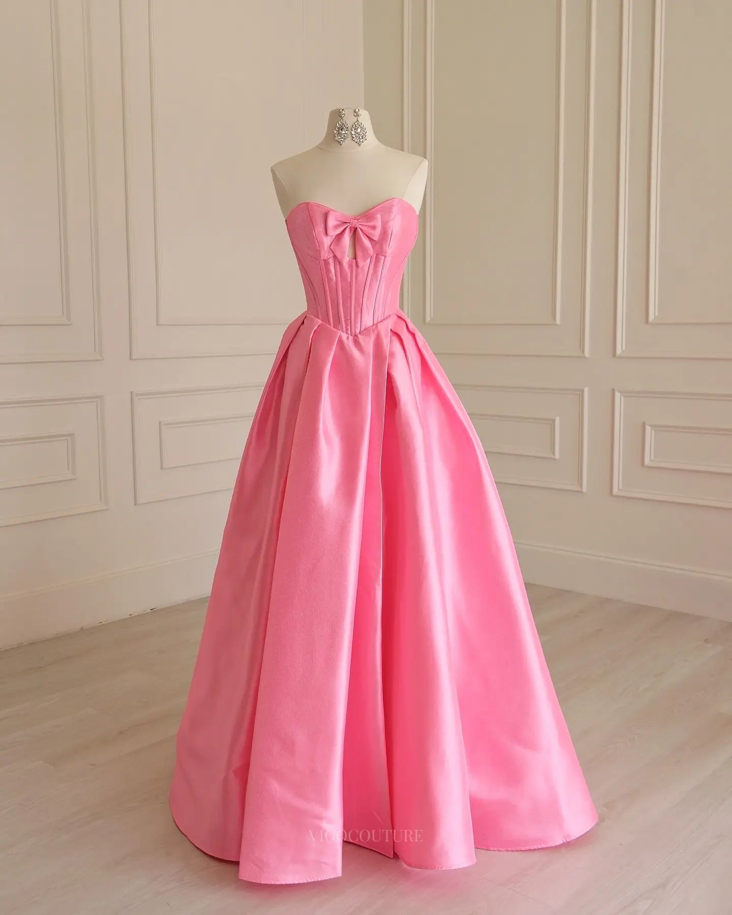 Pink Satin Prom Ball Gown with Sweetheart Bow-Front Corset and Keyhole - P26014