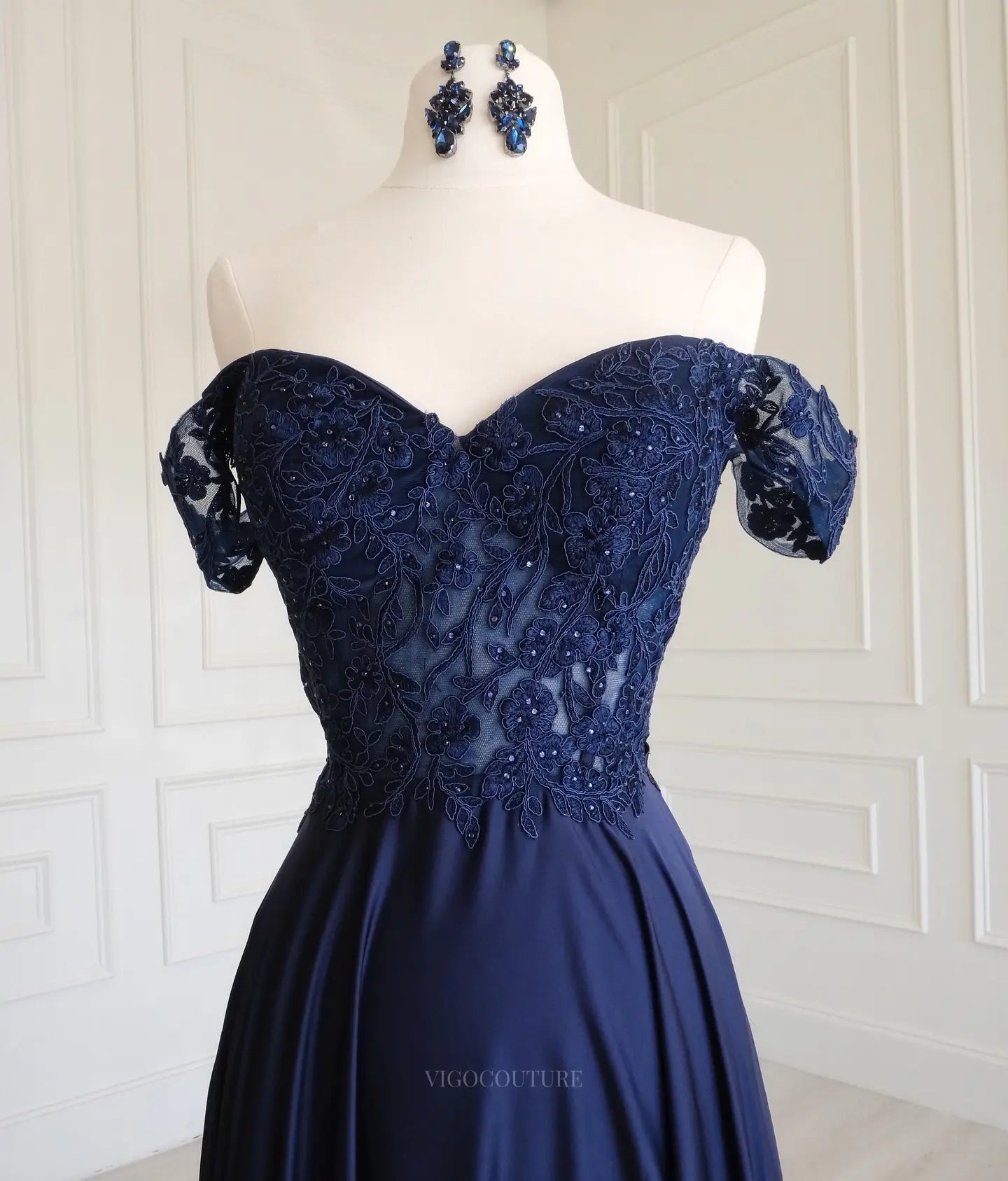 Navy Satin A-Line Prom Dress with Off-Shoulder Beaded Lace Bodice - P26015