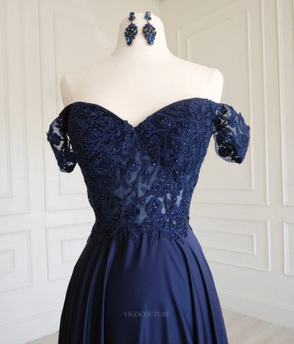Navy Satin A-Line Prom Dress with Off-Shoulder Beaded Lace Bodice - P26015