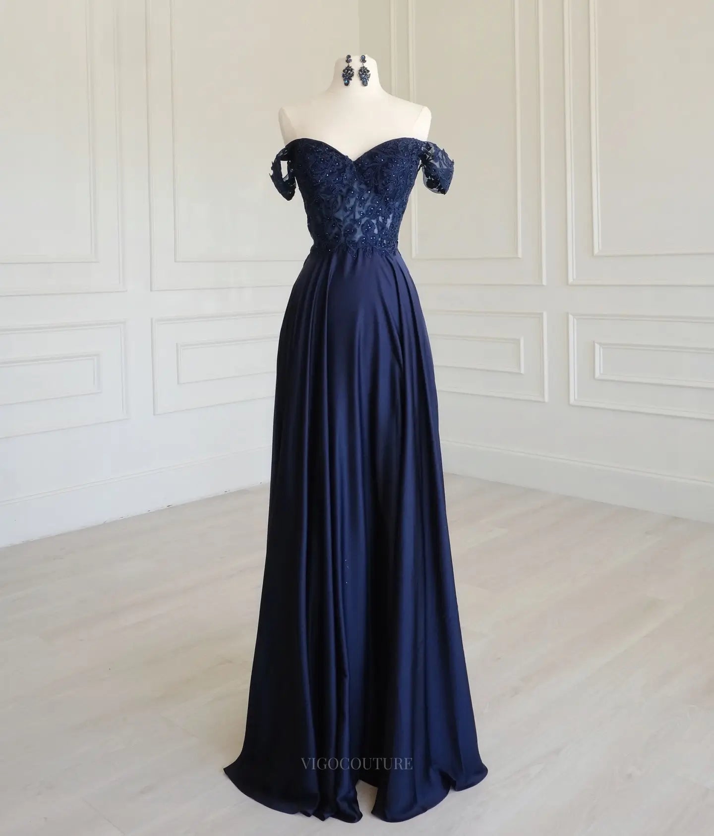 Navy Satin A-Line Prom Dress with Off-Shoulder Beaded Lace Bodice - P26015