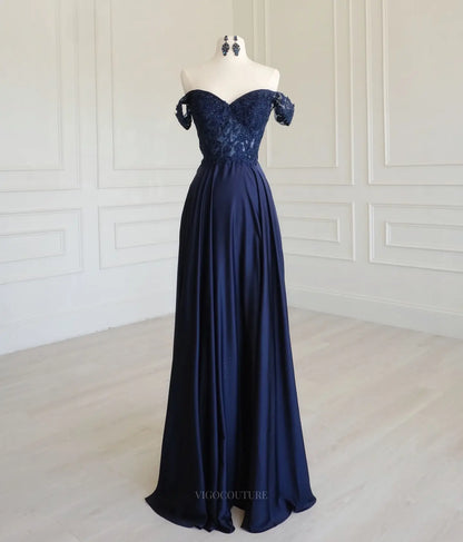Navy Satin A-Line Prom Dress with Off-Shoulder Beaded Lace Bodice - P26015