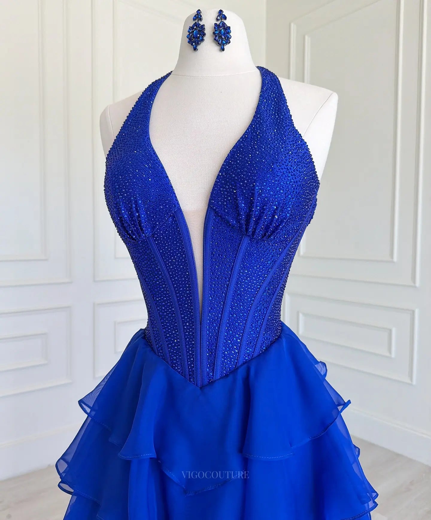 Royal Blue Tiered Ruffle Prom Ball Gown with Rhinestone Deep-V Halter Corset - P26016