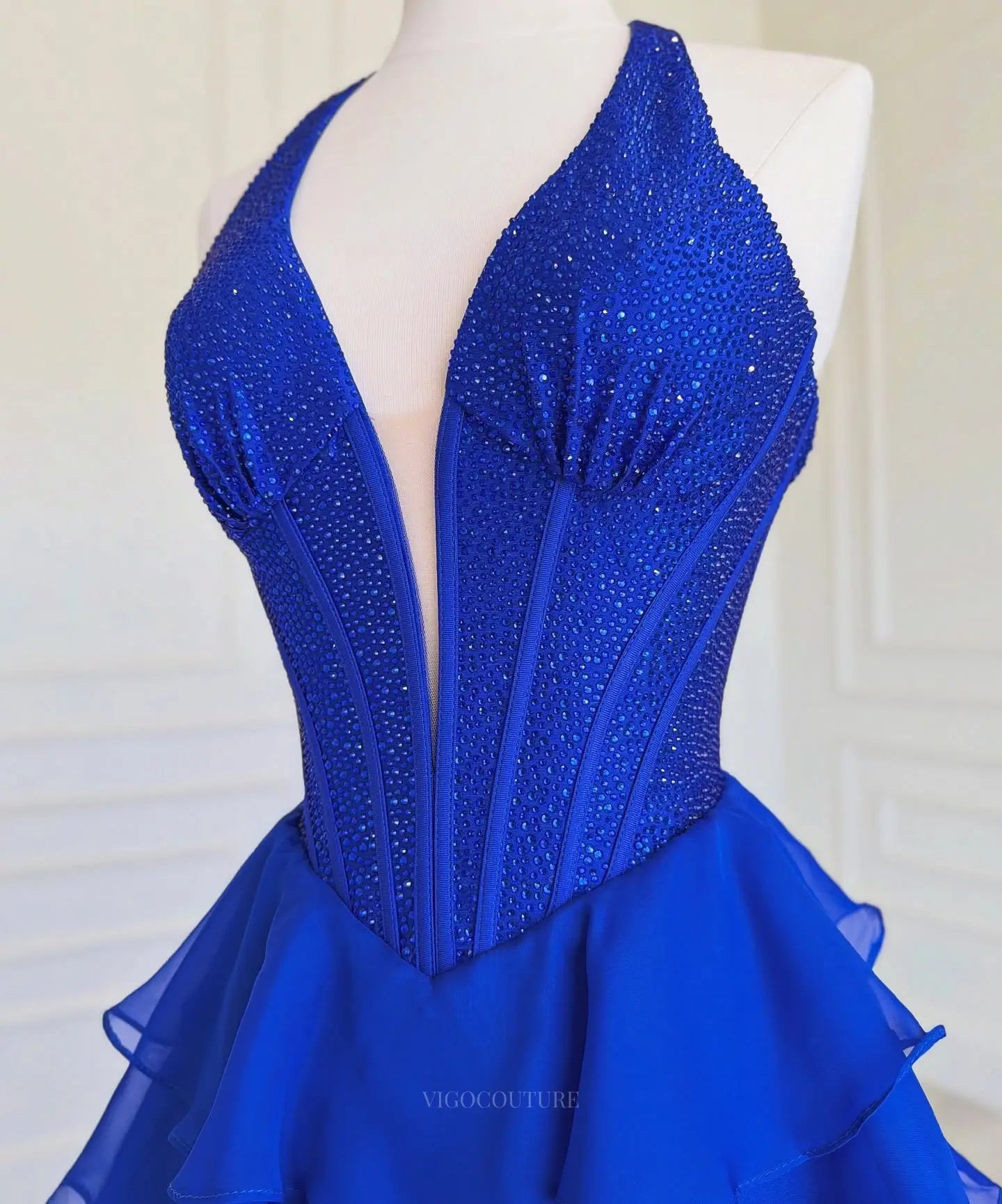 Royal Blue Tiered Ruffle Prom Ball Gown with Rhinestone Deep-V Halter Corset - P26016