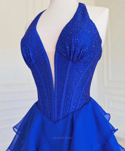 Royal Blue Tiered Ruffle Prom Ball Gown with Rhinestone Deep-V Halter Corset - P26016