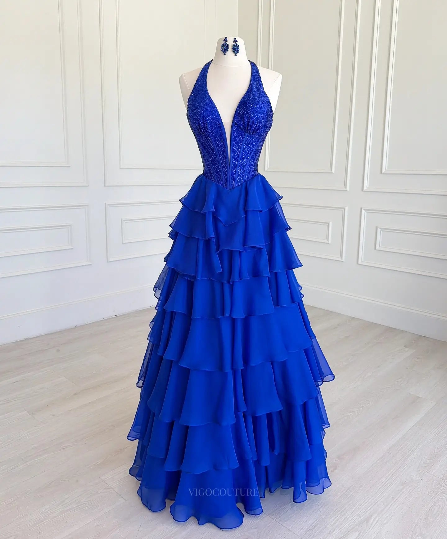 Royal Blue Tiered Ruffle Prom Ball Gown with Rhinestone Deep-V Halter Corset - P26016