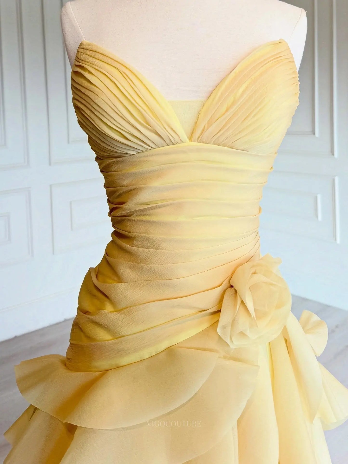 Yellow Tiered Ruffle Prom Ball Gown with Ruched Sweetheart Bodice and 3D Flower - P26017
