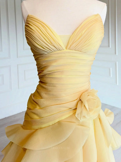 Yellow Tiered Ruffle Prom Ball Gown with Ruched Sweetheart Bodice and 3D Flower - P26017