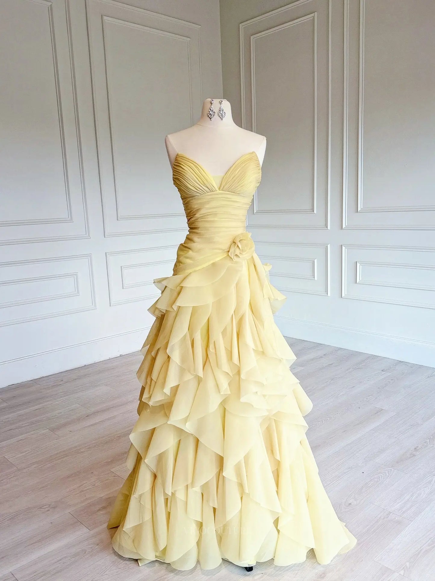 Yellow Tiered Ruffle Prom Ball Gown with Ruched Sweetheart Bodice and 3D Flower - P26017