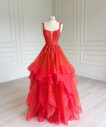 Red Tiered Ruffle Prom Ball Gown with Plunging Beaded Lace Corset - P26018