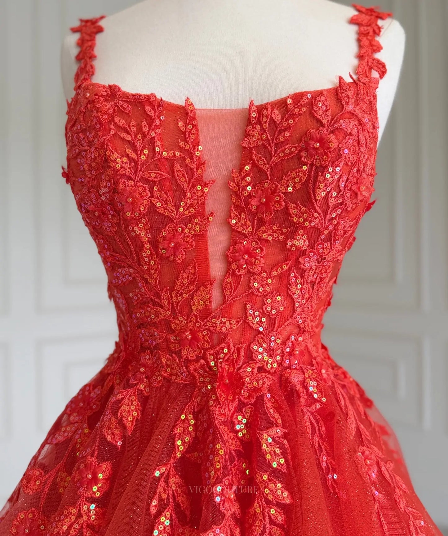 Red Tiered Ruffle Prom Ball Gown with Plunging Beaded Lace Corset - P26018