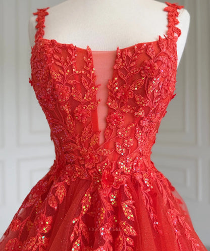 Red Tiered Ruffle Prom Ball Gown with Plunging Beaded Lace Corset - P26018