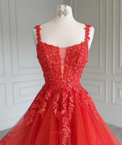 Red Tiered Ruffle Prom Ball Gown with Plunging Beaded Lace Corset - P26018
