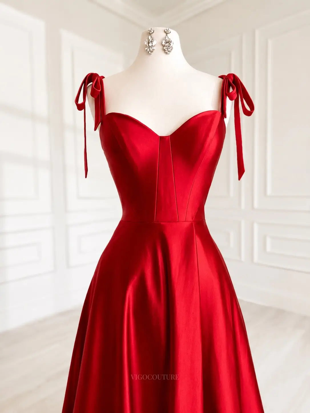 Red Satin A-Line Prom Dress with Sweetheart Corset and Bow-Tie Straps - P26019