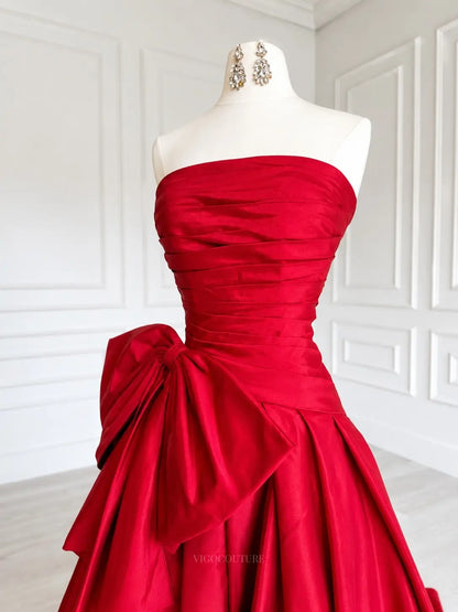 Red Satin Strapless Prom Dress with Ruched Bodice and Oversized Side Bow - P26020