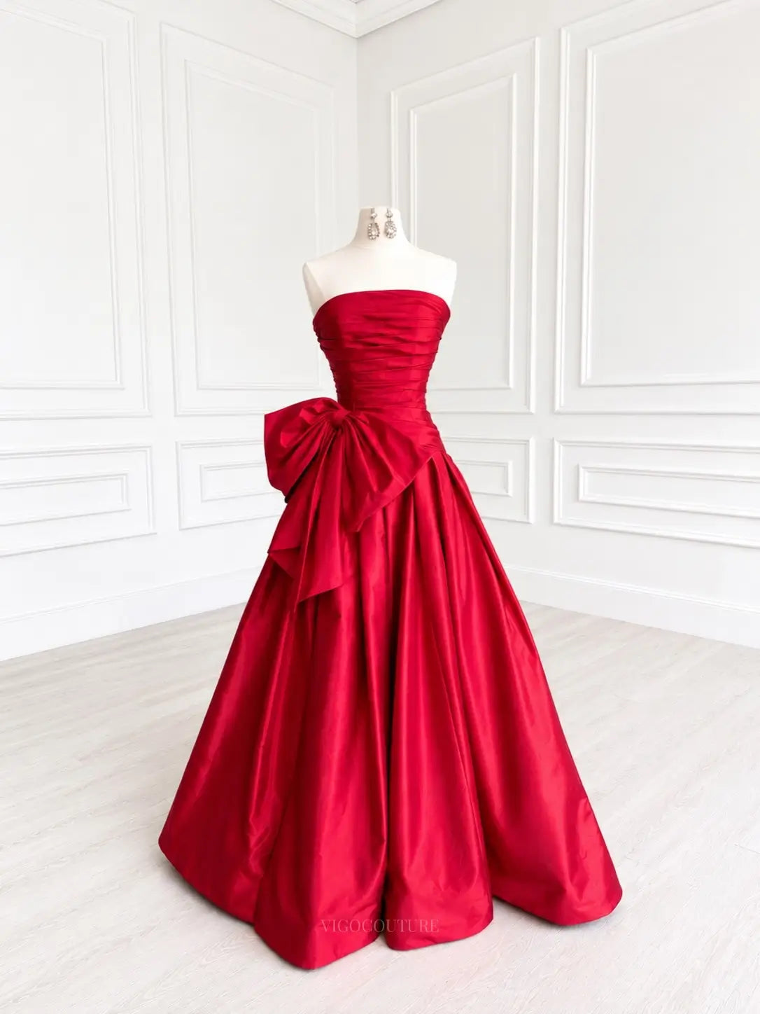 Red Satin Strapless Prom Dress with Ruched Bodice and Oversized Side Bow - P26020