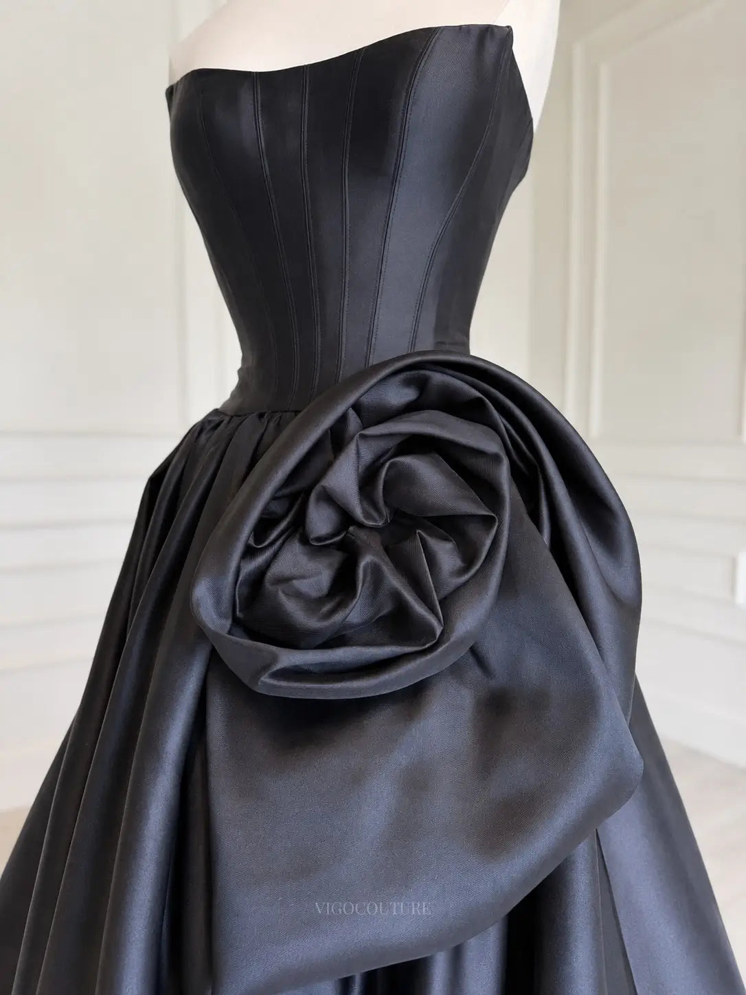 Black Satin Strapless Prom Dress with Corset Bodice and Oversized Side Rosette - P26022