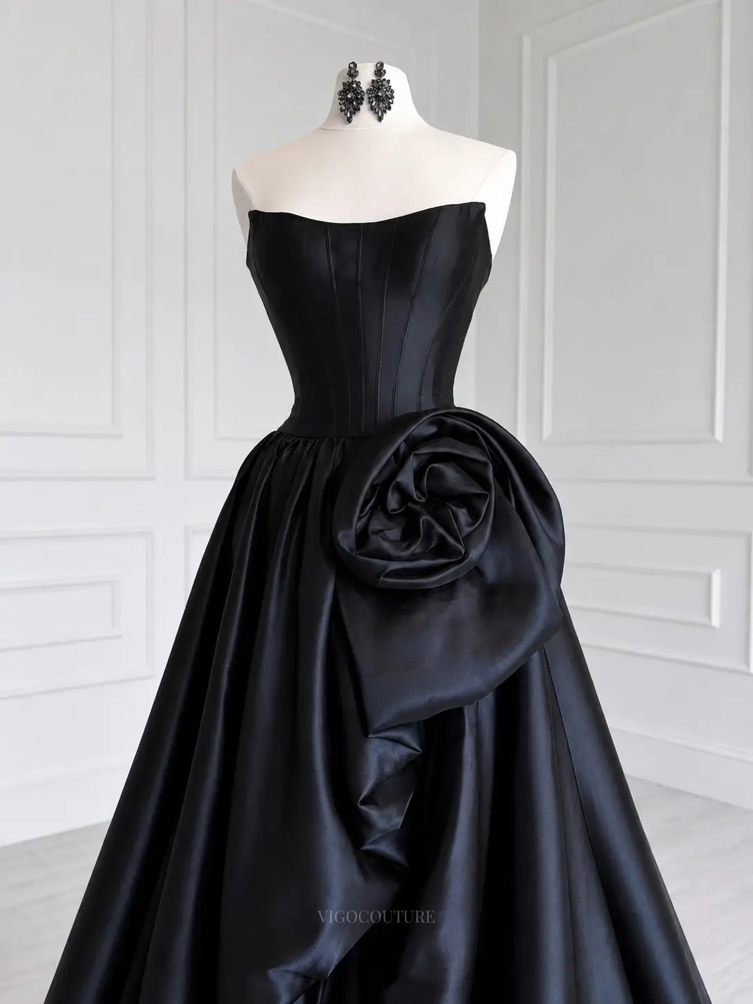 Black Satin Strapless Prom Dress with Corset Bodice and Oversized Side Rosette - P26022