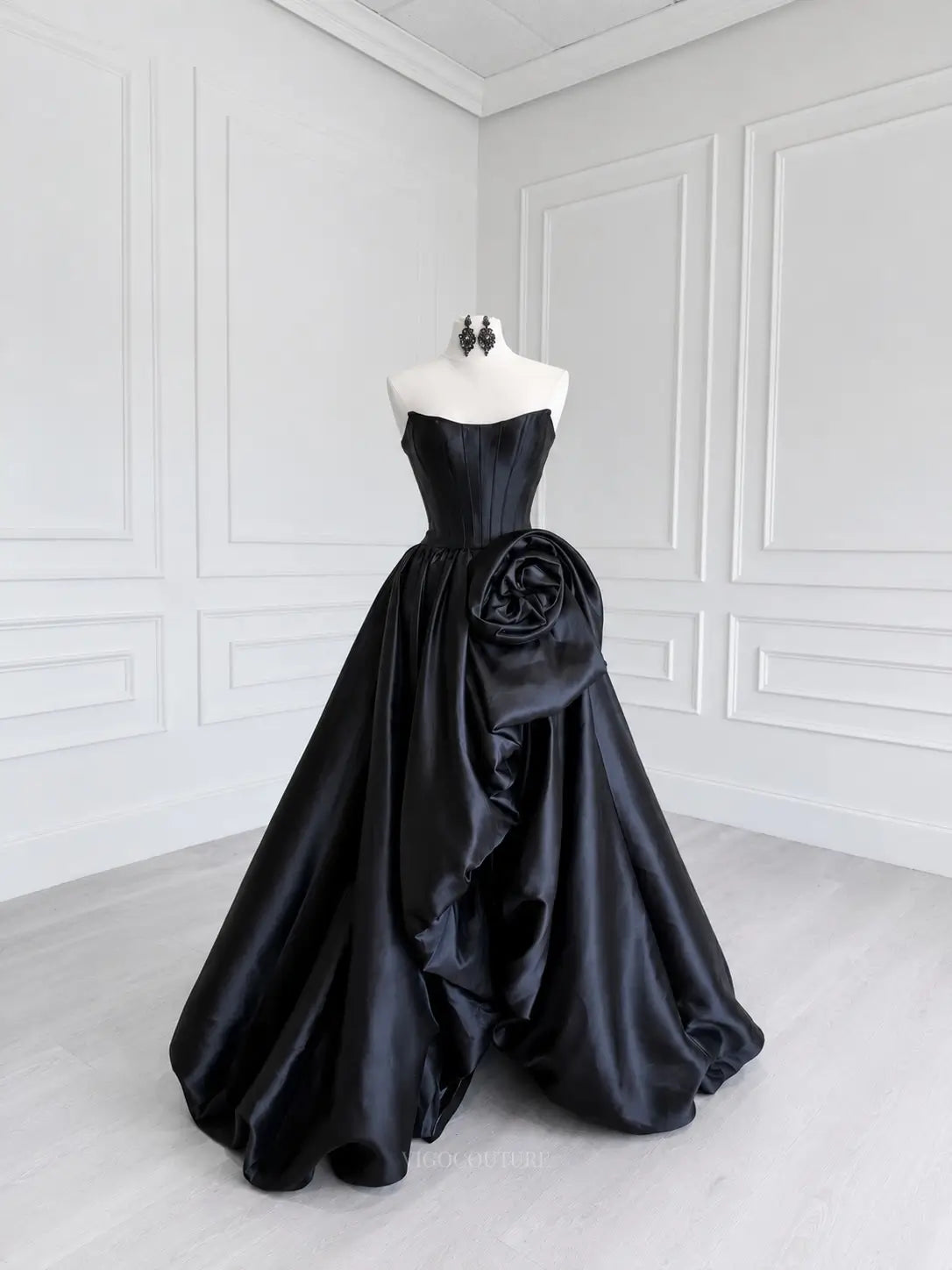 Black Satin Strapless Prom Dress with Corset Bodice and Oversized Side Rosette - P26022