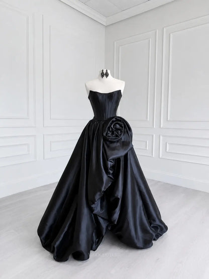 Black Satin Strapless Prom Dress with Corset Bodice and Oversized Side Rosette - P26022