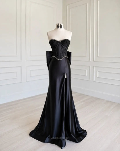 Black Satin Mermaid Prom Dress with Jeweled Lace Corset, High Slit and Oversized Back Bow - P26023
