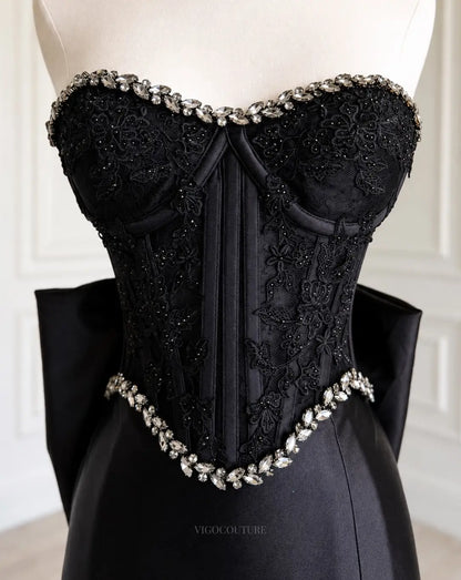 Black Satin Mermaid Prom Dress with Jeweled Lace Corset, High Slit and Oversized Back Bow - P26023