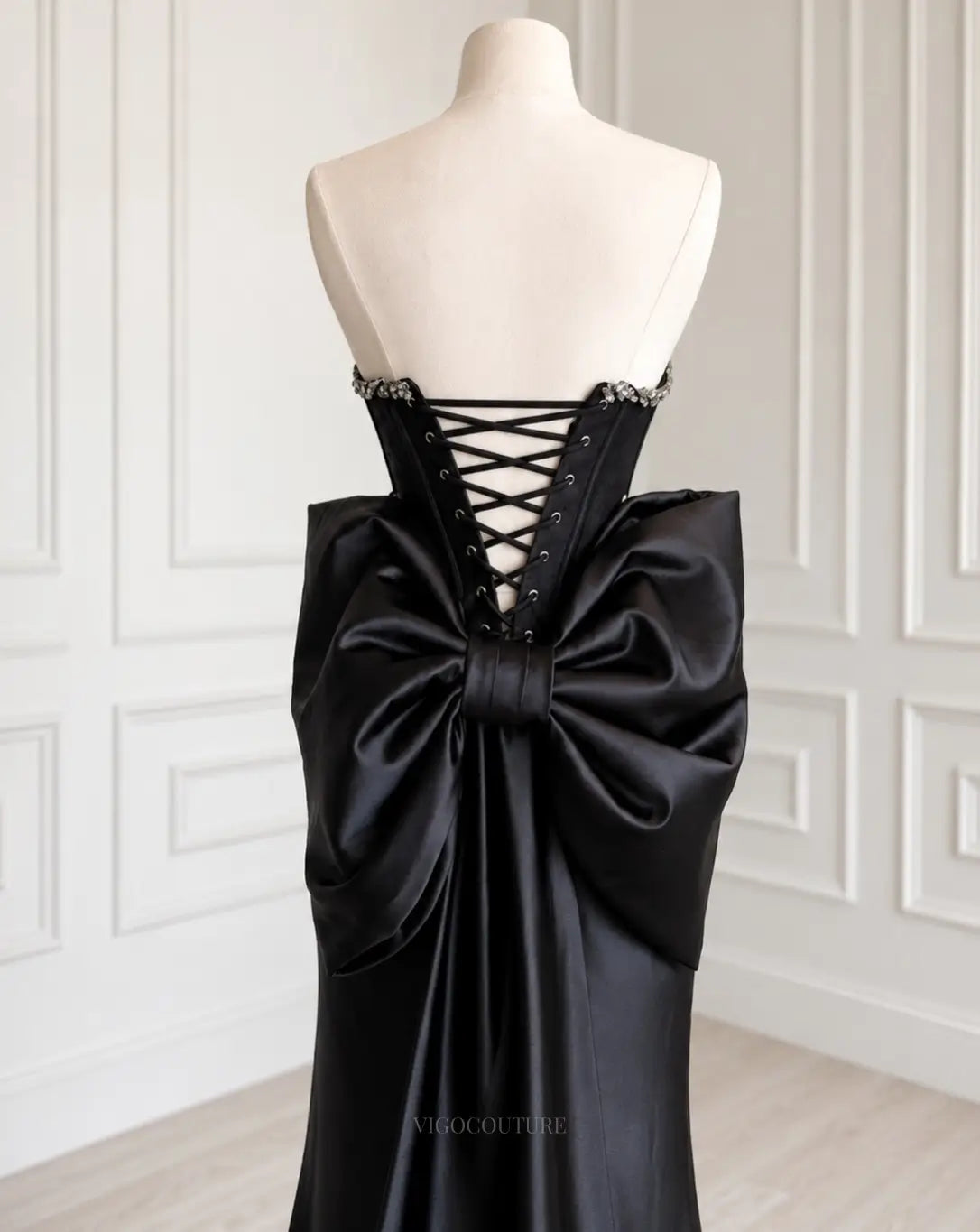 Black Satin Mermaid Prom Dress with Jeweled Lace Corset, High Slit and Oversized Back Bow - P26023