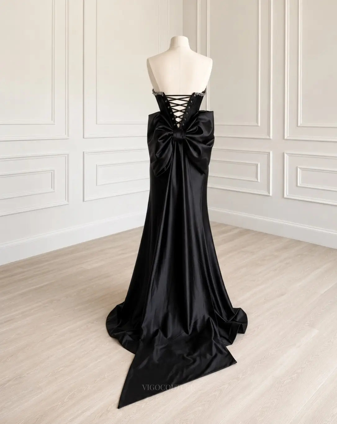 Black Satin Mermaid Prom Dress with Jeweled Lace Corset, High Slit and Oversized Back Bow - P26023