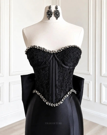 Black Satin Mermaid Prom Dress with Jeweled Lace Corset, High Slit and Oversized Back Bow - P26023