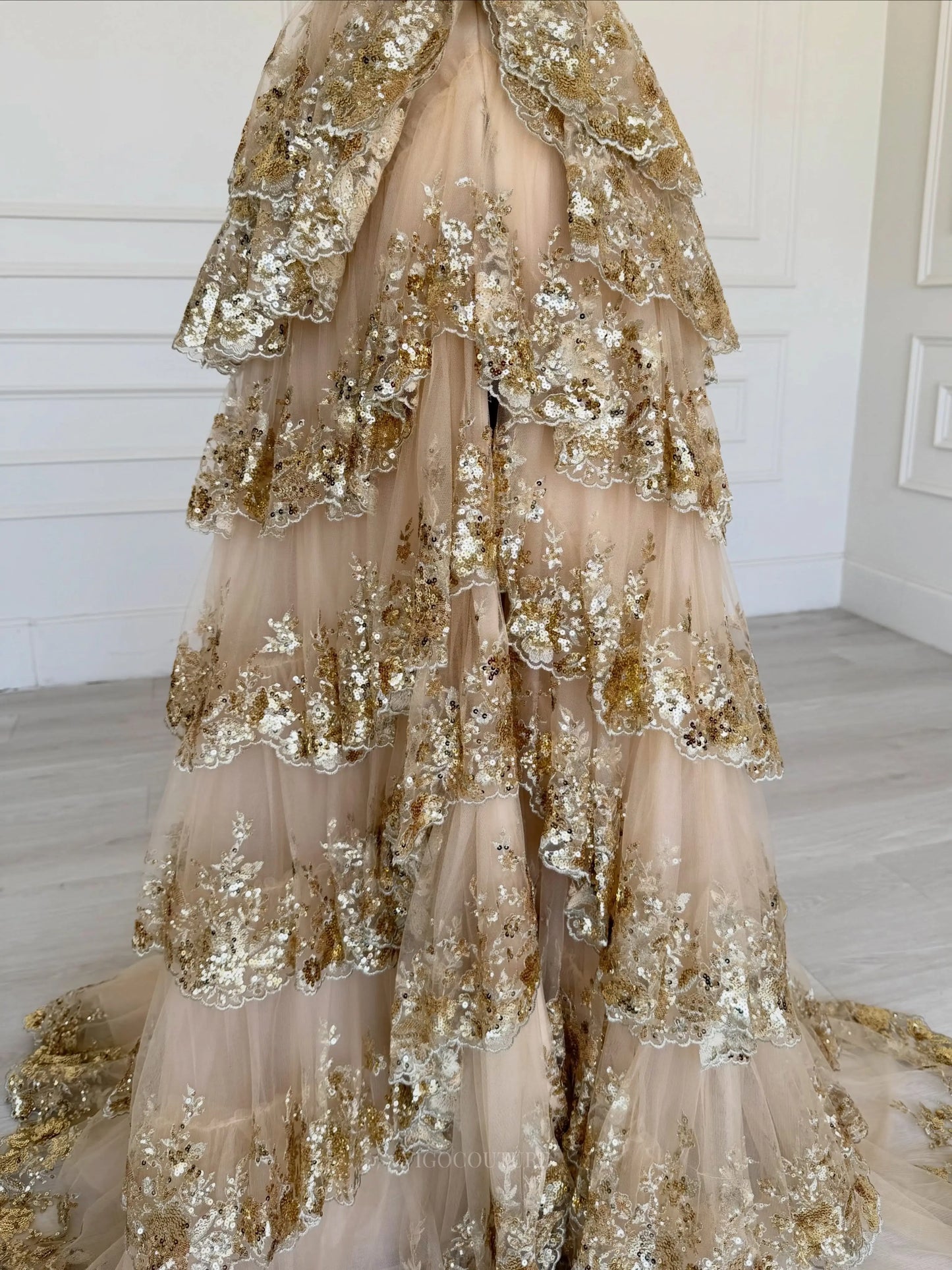 Gold Off-Shoulder Sequin Prom Dress with Lace Corset and Tiered Ball Gown Skirt - P26024